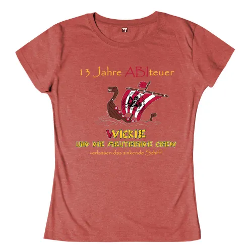 Bild zeigt ein grafisches Drachenboot mit rotem und weißem Segel, datiert 2014, auf rotem Hintergrund. "13 Jahre ABItueur" steht darüber.