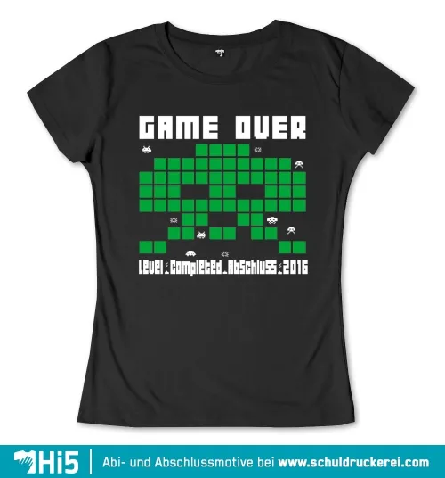 Schwarzes T-Shirt Design mit "Game Over" und Pixelformen, "Level Completed Abschluss 2016" darauf.