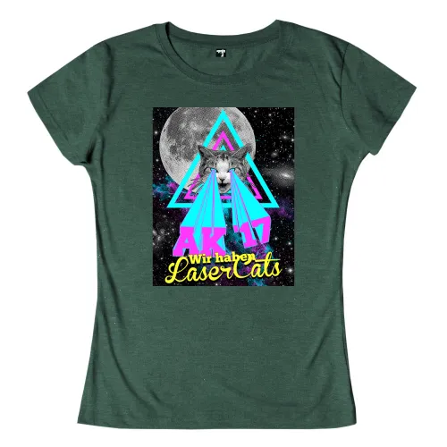 Eine grafische Darstellung mit einer Katze, deren Augen Laserstrahlen aussenden, umgeben von geometrischen Formen und einem Mond im Hintergrund.