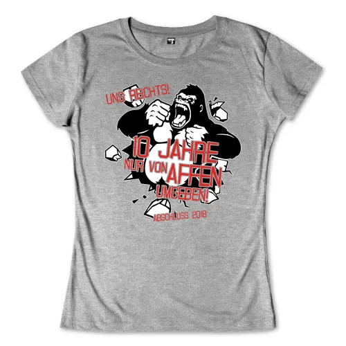 Grafik eines Gorillas mit zerrissenem Hintergrund und Text "10 Jahre nur von Affen umgeben! Abschluss 2018".