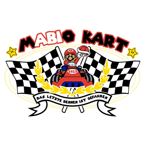 Grafik eines Mario-Kart-Motivs mit Mario im Kart, umgeben von Schachbrettmuster und Text.