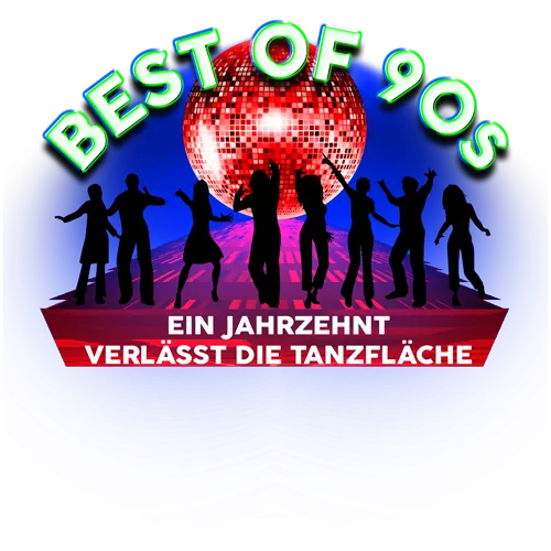 Silhouetten von Menschen tanzen vor einer Discokugel mit der Aufschrift "Best of 90s".