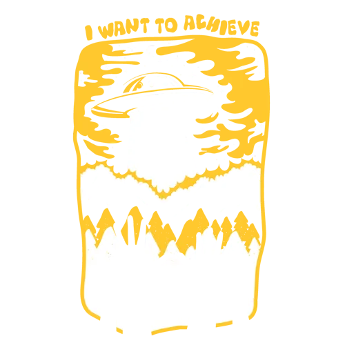 Grafisches T-Shirt-Design mit einem UFO, das über Bergen schwebt und einen Lichtstrahl auf ein Gehirn richtet, umringt von streckenden Händen.
