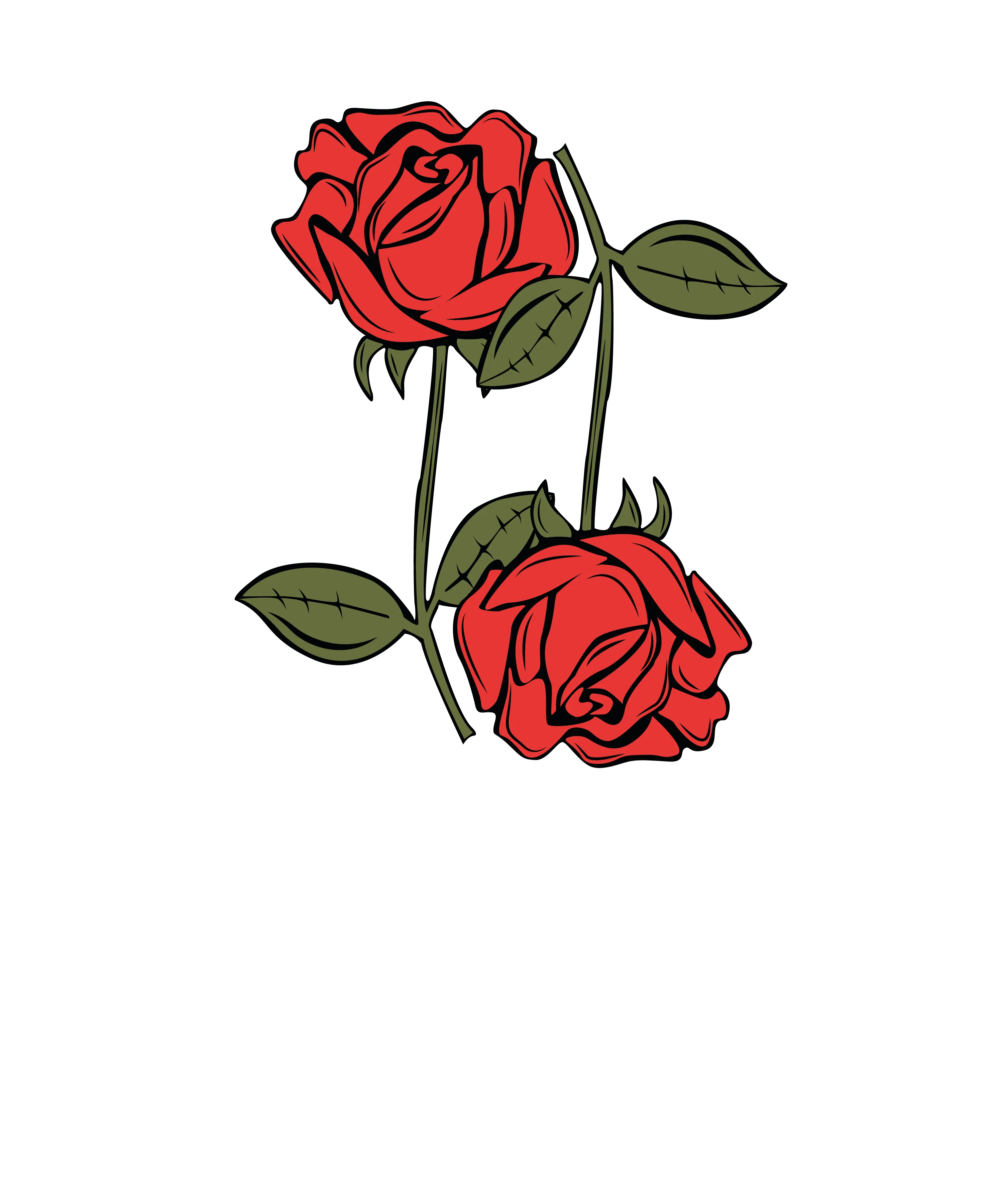 Schwarzer Hintergrund mit weissem Rahmen zwei rote Rosen mit gruener Belaubung Schrift Abschluss ESTD 202X The Same But Different Namensliste