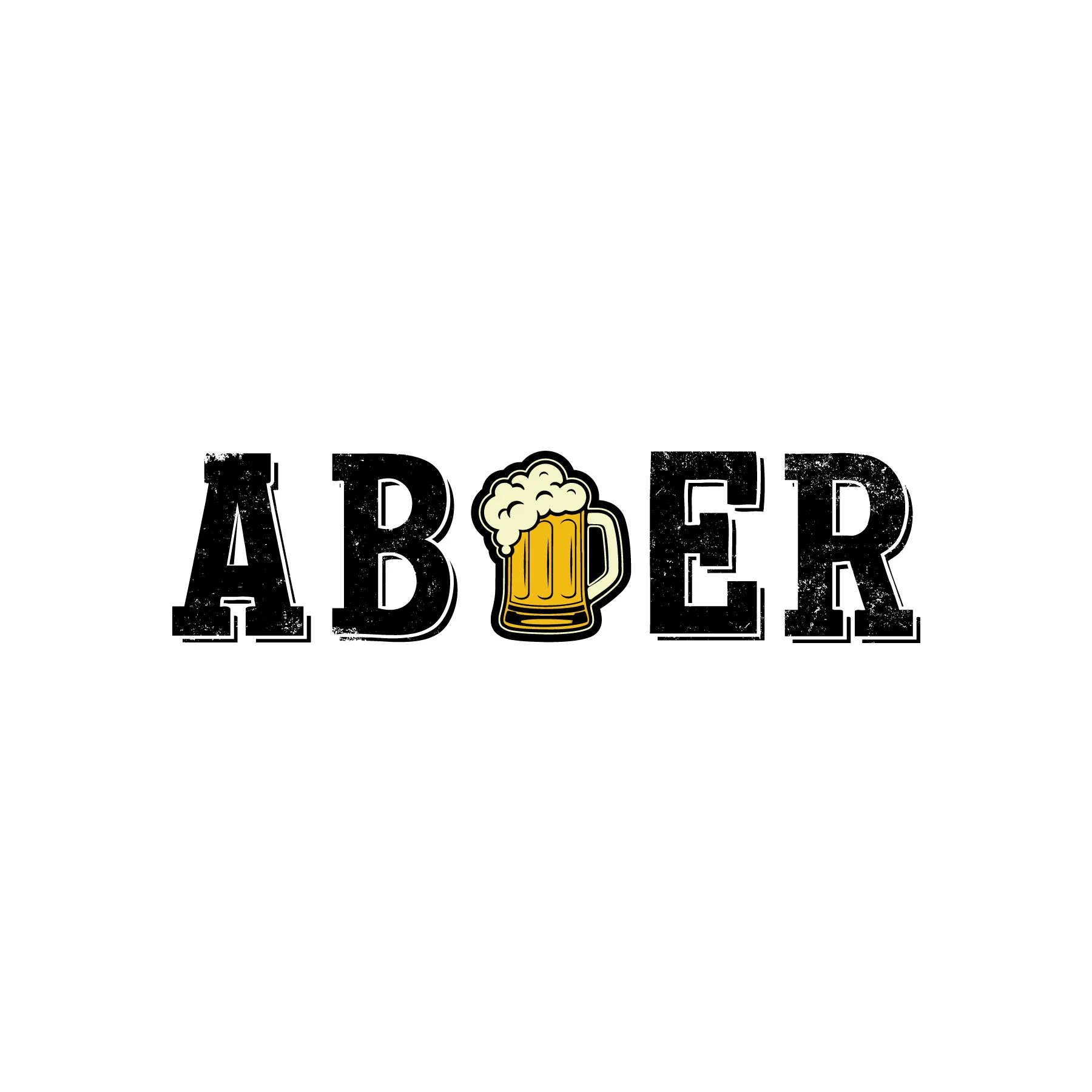 Schriftzug A B E R mit gelbem Bierkrug und Schaum statt dem Buchstaben I auf weissem Hintergrund