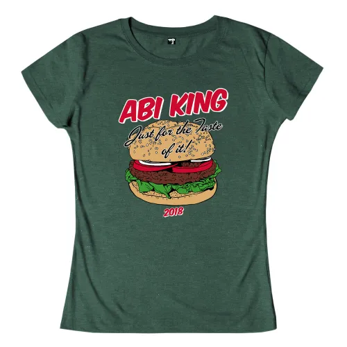 Illustration eines Hamburgers mit den Worten "ABI KING Just for the taste of it!" und Jahreszahl 2018 auf grünem Hintergrund.