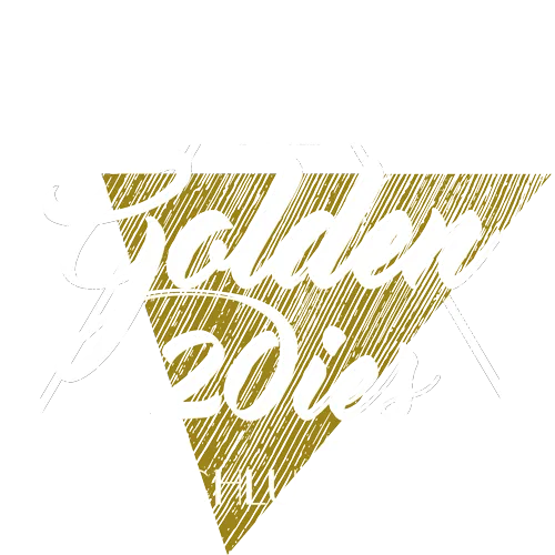 Schwarzes Design mit einem weißen Dreieck, goldener Text 'The Golden 20ies' und 'Ein Abschluss mit Stil'.