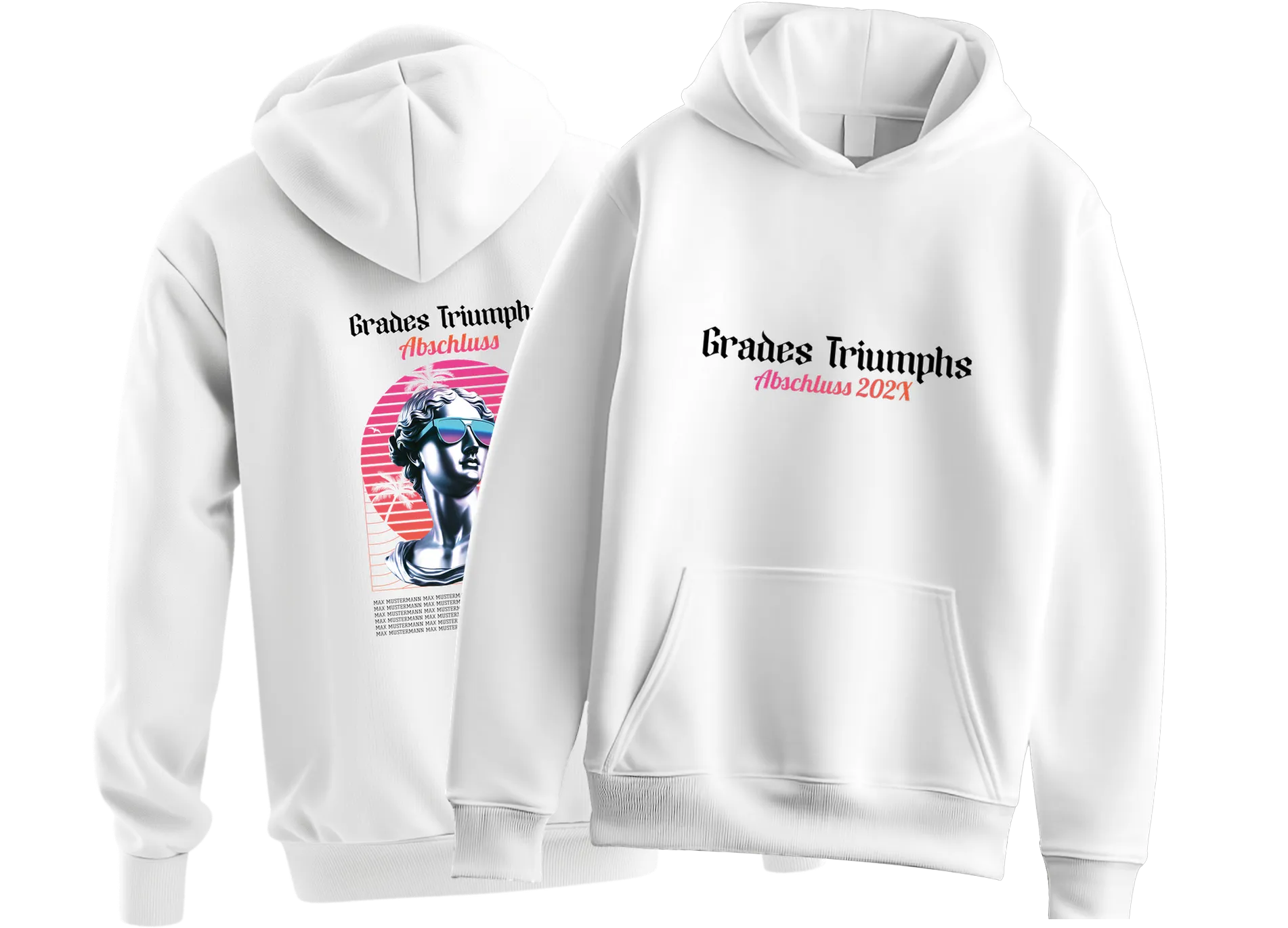Weisser Kapuzenpullover mit vorne Text Grades Triumphs Abschluss 202X und hinten retro Bueste mit Sonnenbrille vor pinker Sonne und Palmen
