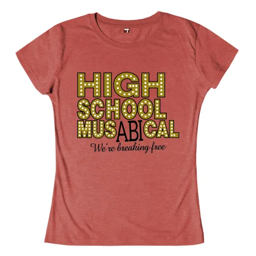 Text 'HIGH SCHOOL MUSICAL We're breaking free' auf rotem Hintergrund.