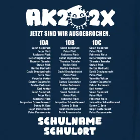 Schwarzes Plakat mit drei Klassennamen und Schülerlisten, überlagert von grafischen Elementen und Text 'JETZT SIND WIR AUSGEBROCHEN'.