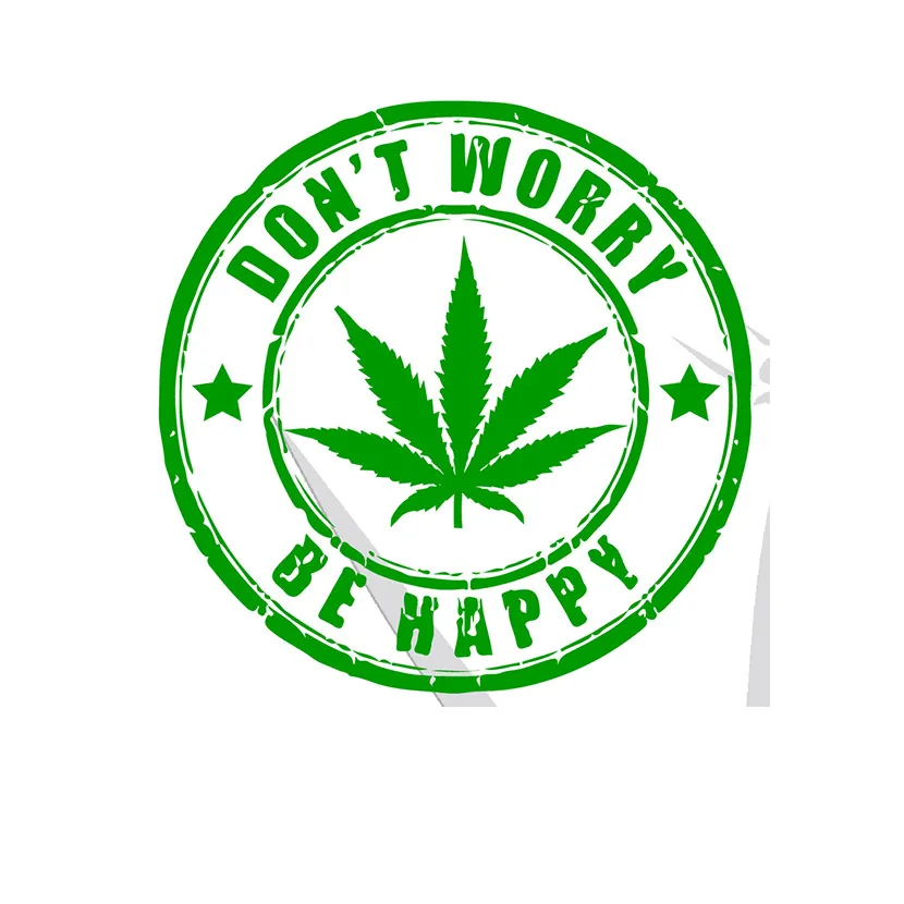 Rundes Siegel in Grün mit einem Cannabisblatt und dem Text "Don't Worry Be Happy".