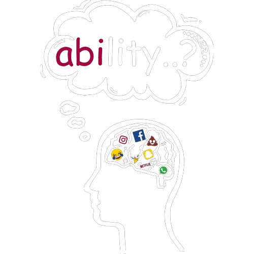 Silhouettenkopf mit Gehirn, das Icons enthält und das Wort „ability?“ in einer Gedankenblase zeigt.