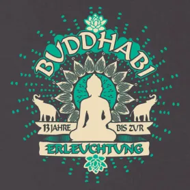 Grafik mit Buddha und Tieren in grün und beige mit Text "13 Jahre bis zur Erleuchtung".