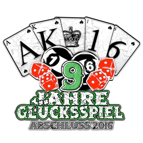 Fünf Spielkarten und zwei rote Würfel auf grünem Hintergrund, mit Text "9 Jahre Glücksspiel Abschluss 2016".