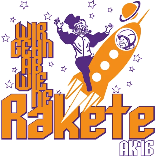 Comicstil-Grafik eines Absolventen auf einer Rakete mit dem Text "Wir gehn ab wie ne Rakete AK16".