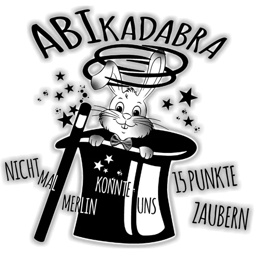 Zeichnung eines Hasen in einem Zauberhut mit "ABIKADABRA" und Sternen.