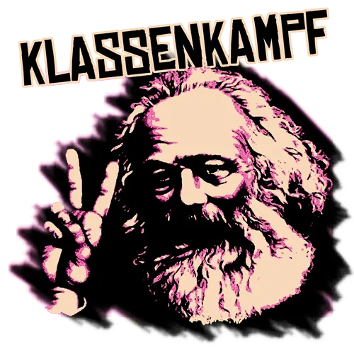 Grafische Darstellung von Karl Marx, der das Victory-Zeichen zeigt, mit dem Wort "Klassenkampf" oben.