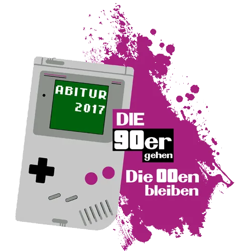 Grafik eines Retro-Handheld-Spielgeräts mit "Abitur 2017" auf dem Bildschirm, umgeben von pinkem Farbspritzer.