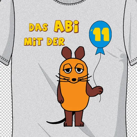 Zeichnung einer Maus auf einem T-Shirt mit Text "DAS ABI MIT DER" und einem blauen Ballon mit der Zahl 11.