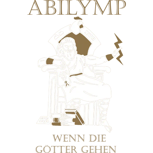 Zeus-ähnliche Figur sitzt auf Thron, hält einen Blitz, mit Büchern zu Füßen und Text "Abilymp" oben.