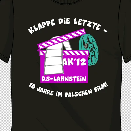 Grafik eines T-Shirts mit einer Filmklappe, Filmrolle und Text "10 Jahre im falschen Film!".
