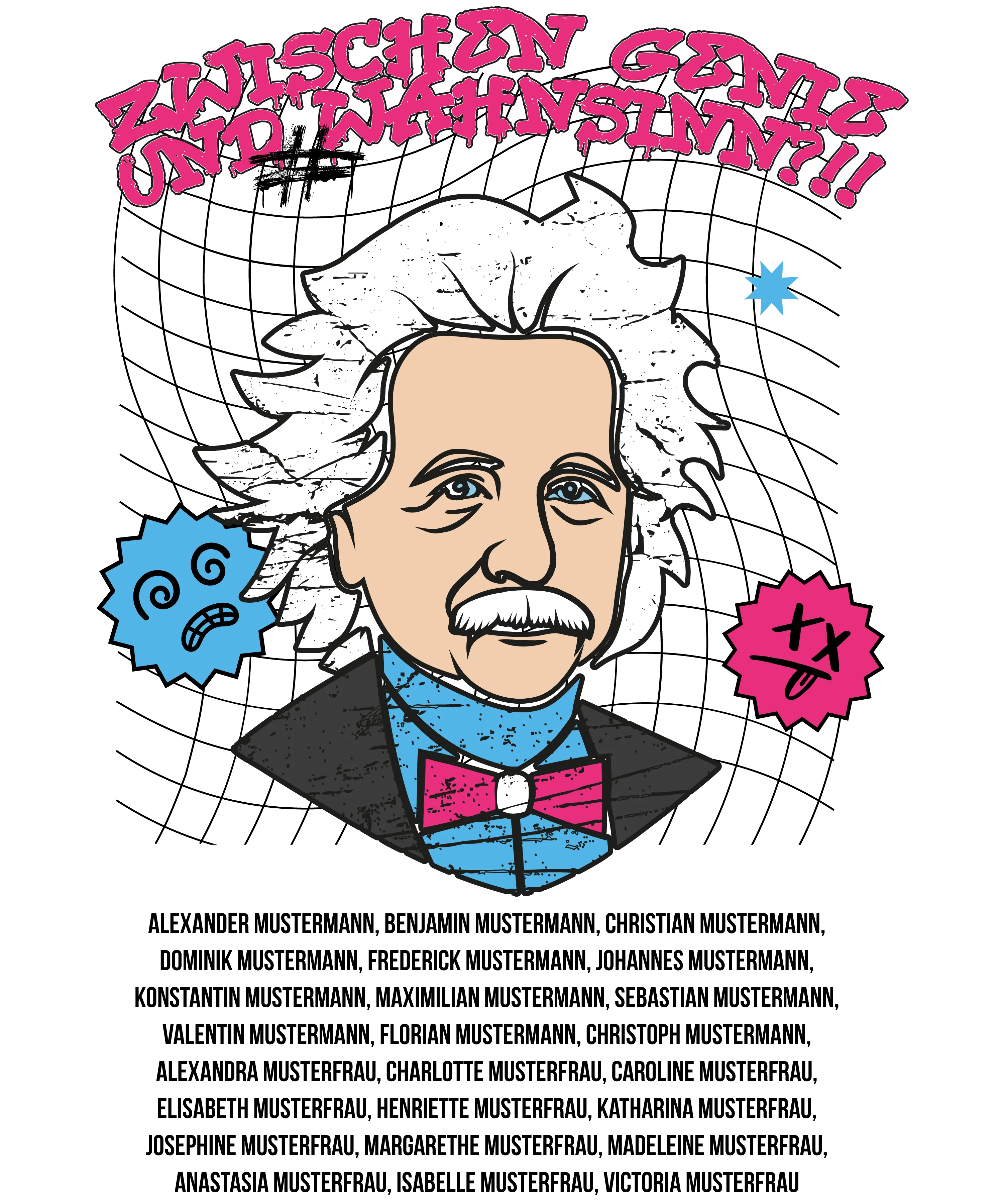 Illustration von Albert Einstein mit weissen Haaren im Anzug mit Fliege vor schwarzem Hintergrund mit zwei Emoticons und Schriftzug Zwischen Genie und Wahnsinn