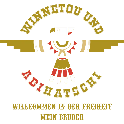 Grafik eines animierten Charakters in traditioneller Kleidung mit Text "Winnetou und Abihaschi, Willkommen in der Freiheit Mein Bruder".