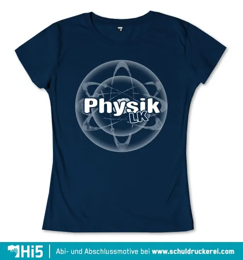 Dreidimensionales Atommodell mit Umlaufbahnen und Text "Physik LK" auf dunkelblauem Hintergrund.