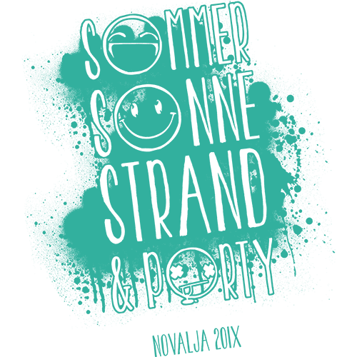 Dunkles Design mit neonblaue Text "Sommer, Sonne, Strand & Poesie, Novalja 201X".