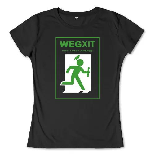 Grüne Figur rennt durch offene Tür auf schwarzem Hintergrund, Text 'WEGXIT Nach 13 Jahren unabhängig'.