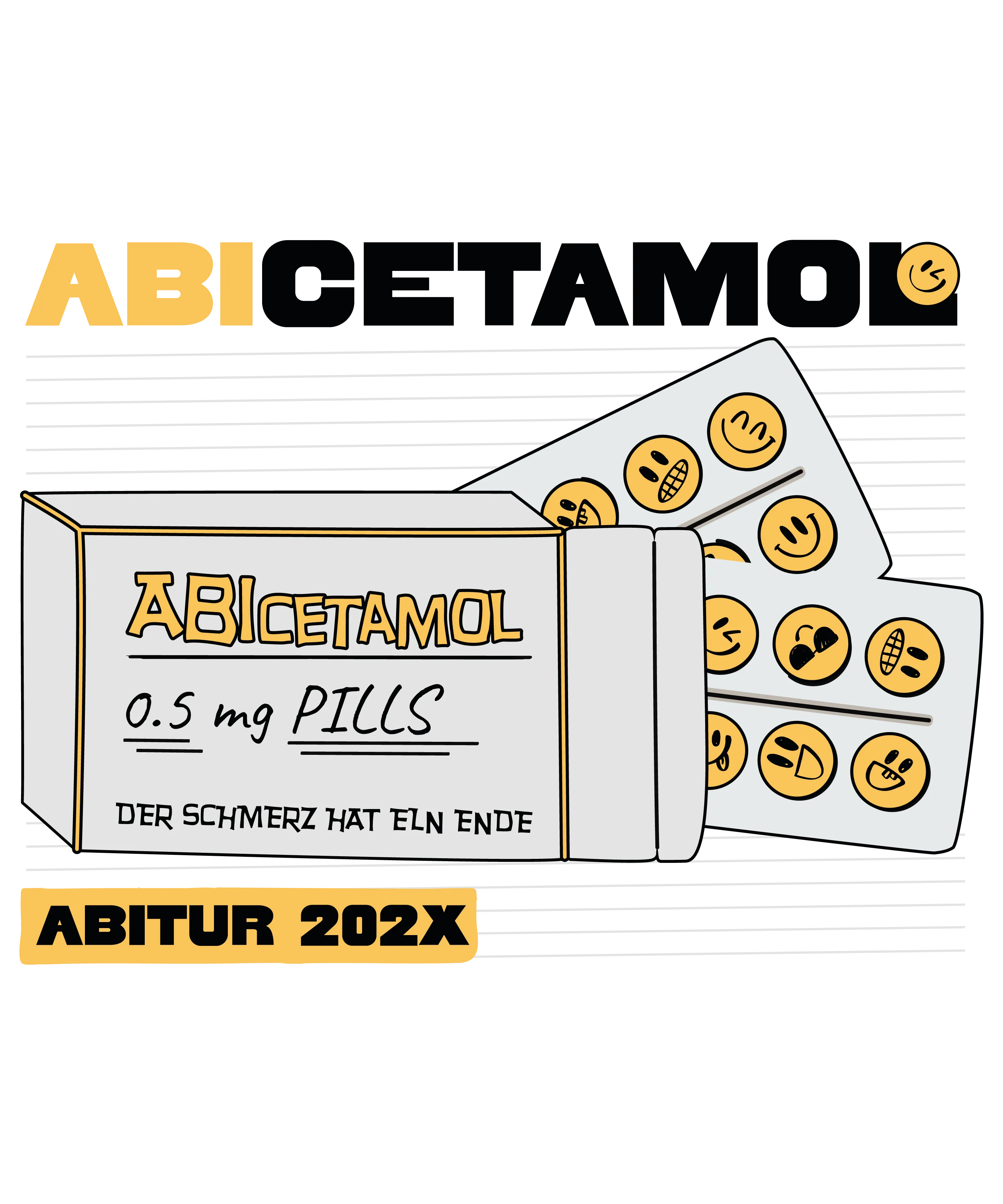 Schachtel ABIcetamol 0.5 mg Pills Der Schmerz hat ein Ende daneben Blister gelbe Emoji Tabletten und Schriftzug Abitur 202X