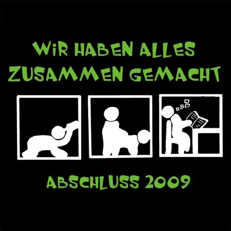 Weiß auf Schwarz-Darstellung eines Lebenszyklus: Baby krabbelnd, Kind und Hund, Jugendlicher lesend, Text "Abschluss 2009".