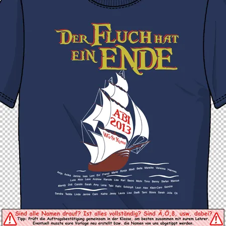 Dunkelblaues T-Shirt mit weißem Segelschiff-Design und Text "Der Fluch hat ein Ende ABI 2013 WG" samt Namen auf dem Segel.