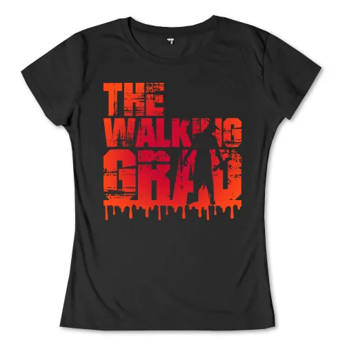 Schwarze Silhouette einer Person mit Gewehr auf orangem, texturiertem Hintergrund mit Text "THE WALKING DEAD".