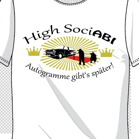 Design auf einem T-Shirt zeigt eine Grafik mit einem schwarzen Auto, drei Kronen, zwei Personen und Text.