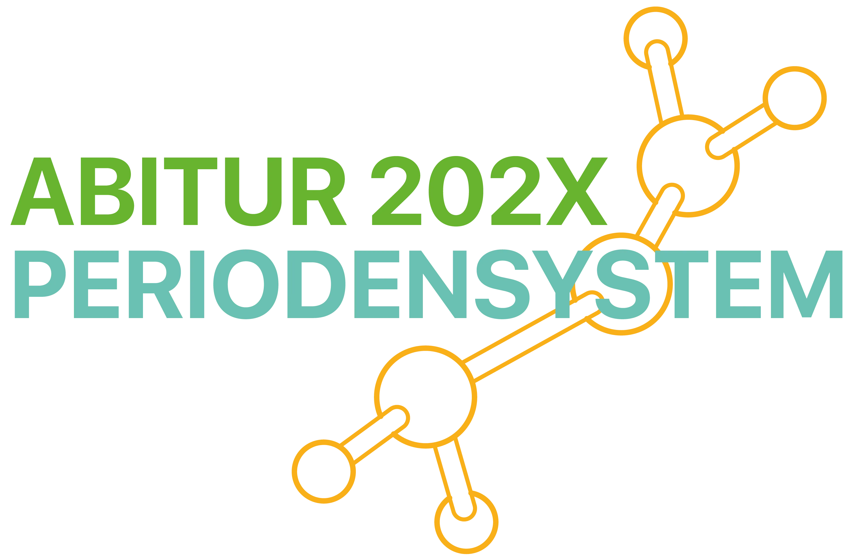 Grüner Schriftzug ABITUR 202X über blaugrünen Schriftzug PERIODENSYSTEM rechts orange stilisierte Molekülstruktur auf schwarzem Hintergrund
