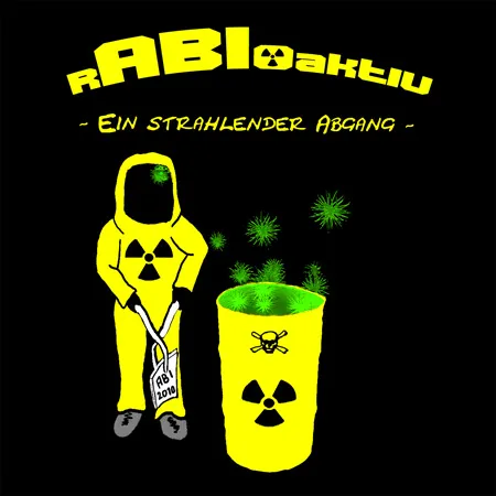 Grafik mit gelbem Schutzanzug, radioaktiven Symbolen und einem gelben Fass.