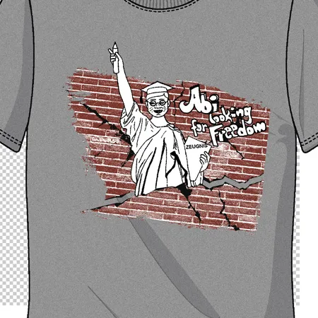 Graues T-Shirt mit Grafik einer Person in traditioneller Kleidung vor einer zerbrochenen Mauer, Text "Ai, looking for Freedom".