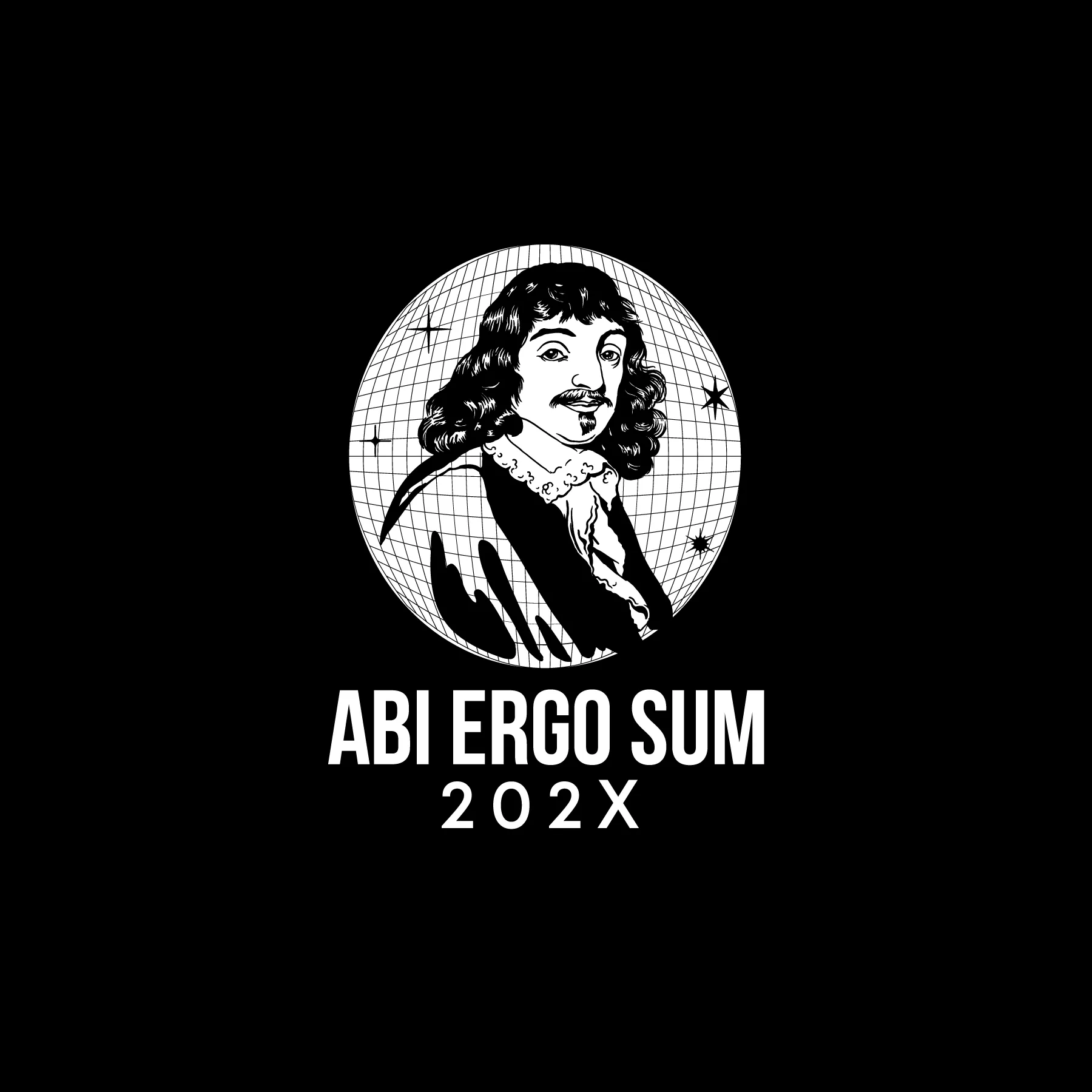 Porträt eines historisch gekleideten Mannes mit langem Haar und Spitzbart vor einem Gitternetzkreis mit Sternen und Text Abi Ergo Sum 202X