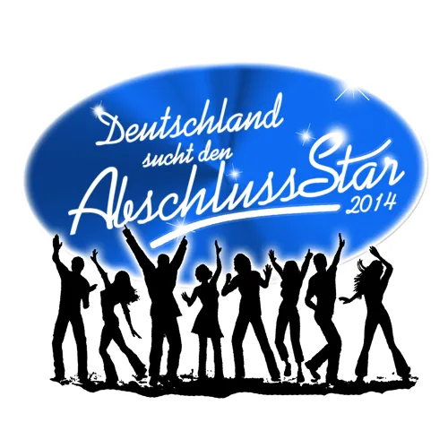 Silhouetten von Personen feiern, umgeben von Text und einem leuchtenden Rahmen.