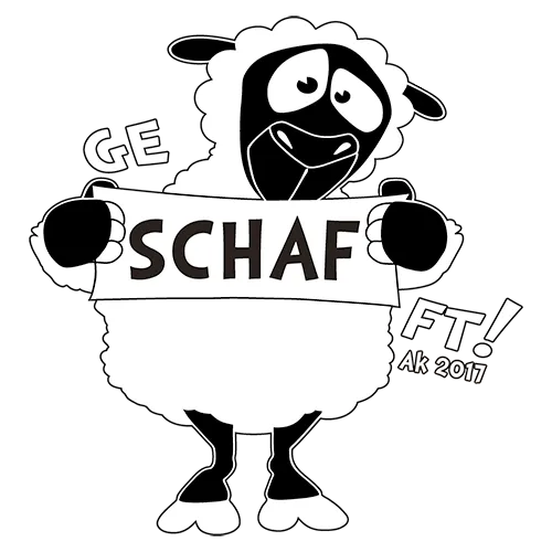 Illustration eines Schafes, das ein Schild mit "GESCHAF FT!" hält, auf lila Hintergrund.