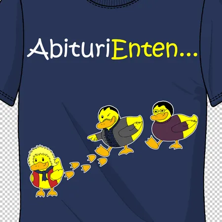 Blaues T-Shirt mit dem Schriftzug "AbituriEnten" und drei Cartoon-Enten in Abschlusskleidung.