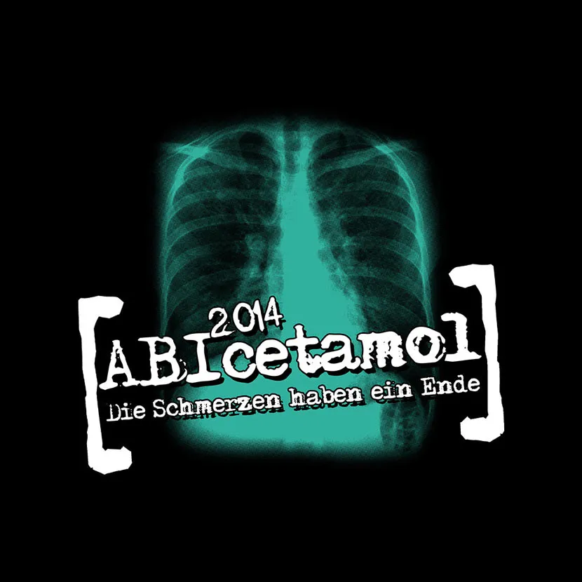 Röntgenaufnahme eines Brustkorbs mit der Aufschrift '[AB]icetamol - Die Schmerzen haben ein Ende'