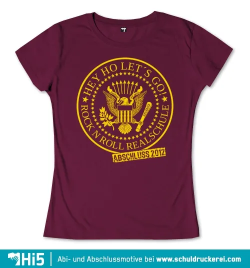 Grafik mit Adler, Gitarre, Sternen und Text "Hey Ho Let's Go Rock N Roll Realschule Abschluss 2012" auf burgunderrotem Hintergrund.