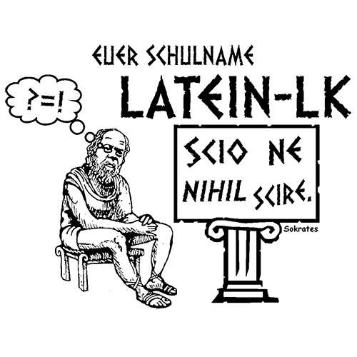 Illustration eines Gelehrten auf rotem Hintergrund, der sagt: "SCI0 NE NIHIL SCIRE".