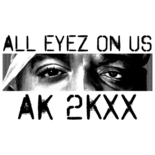 Schwarz-Weiß-Bild zweier Augenpartien mit Schriftzug "ALL EYEZ ON US" oben.