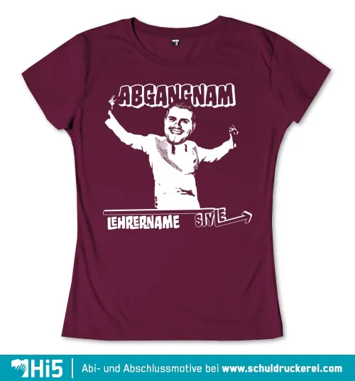 Grafik auf purpurrotem Hintergrund zeigt eine Person, die jubelt, Text “ABGANGNAM”, “LEHRERNAME” und Abikürzel “S1YE”.