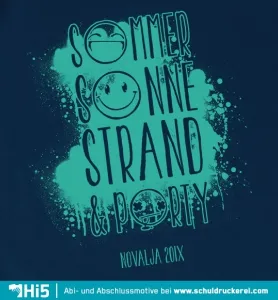 Dunkles Design mit neonblaue Text "Sommer, Sonne, Strand & Poesie, Novalja 201X".