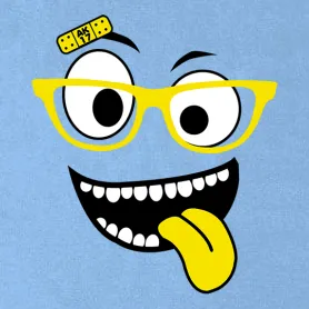 Cartoon-Gesicht mit großen Augen, gelber Brille und Pflaster auf blauem Hintergrund.