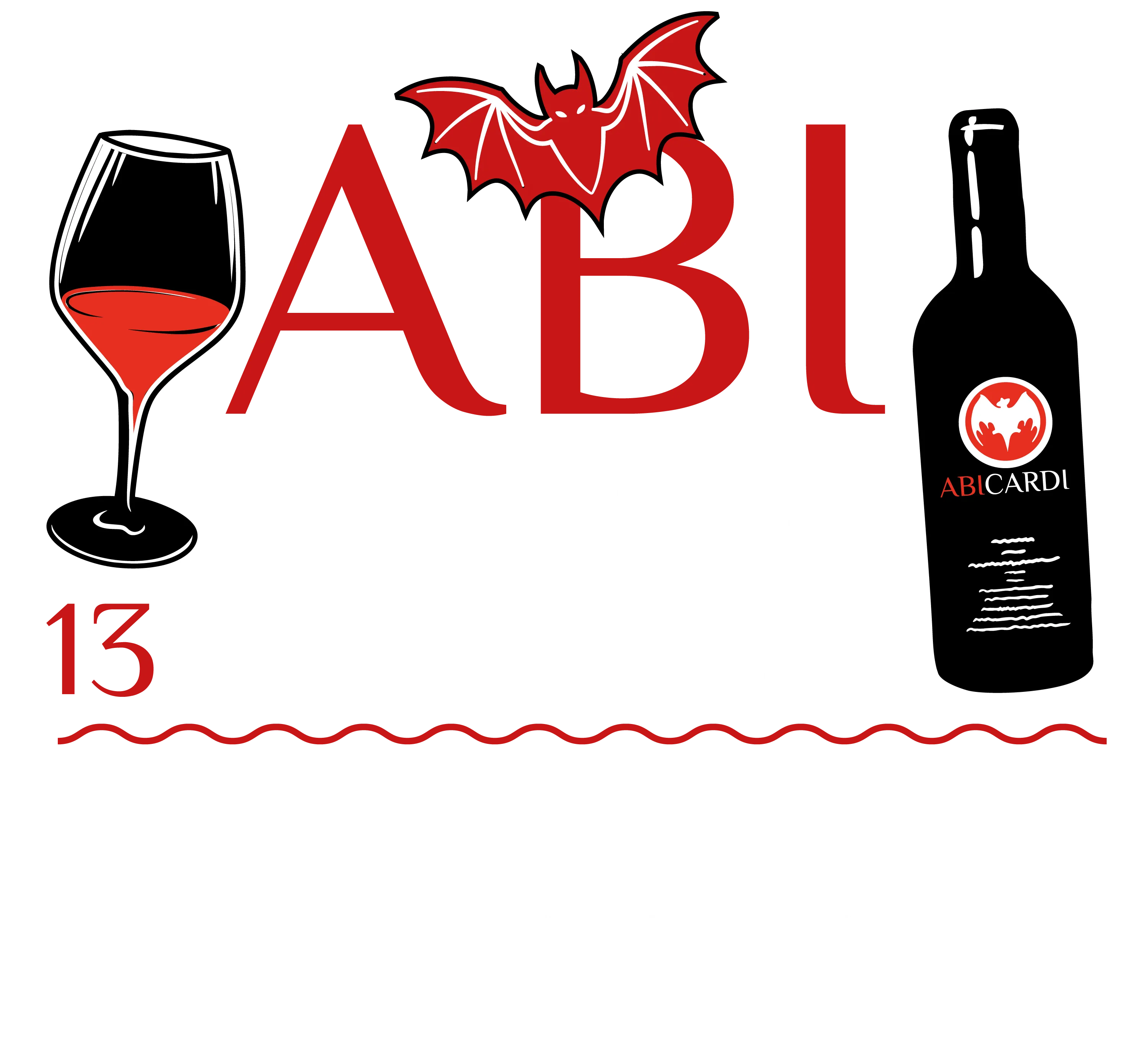 Grafik mit rotem Schriftzug ABI CARDI Fledermausmotiv Weinglas Weinflasche Text 13 Jahre rum und Liste von Namen